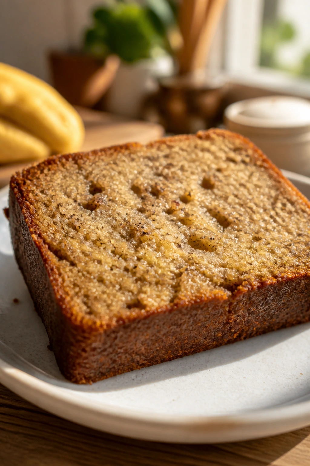 Thick slice of banana bread on a plate with moist crumb