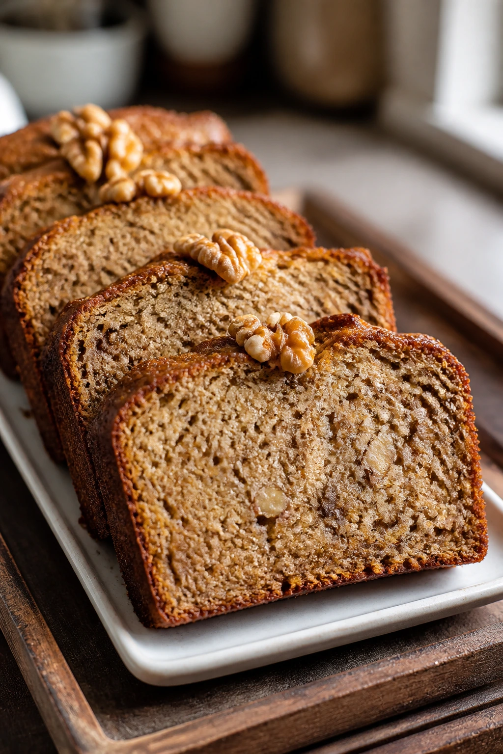 Close-up of banana bread slices on a plate for tea time
