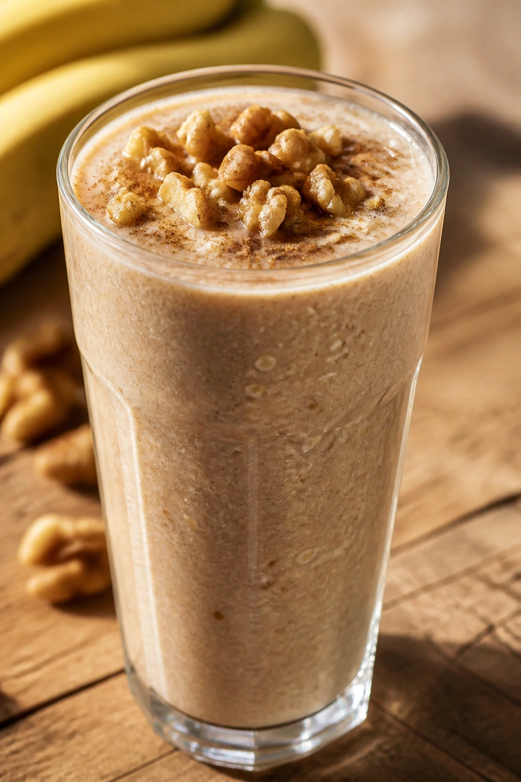 Close-up of banana bread smoothie in glass with oats and walnuts on wooden counter