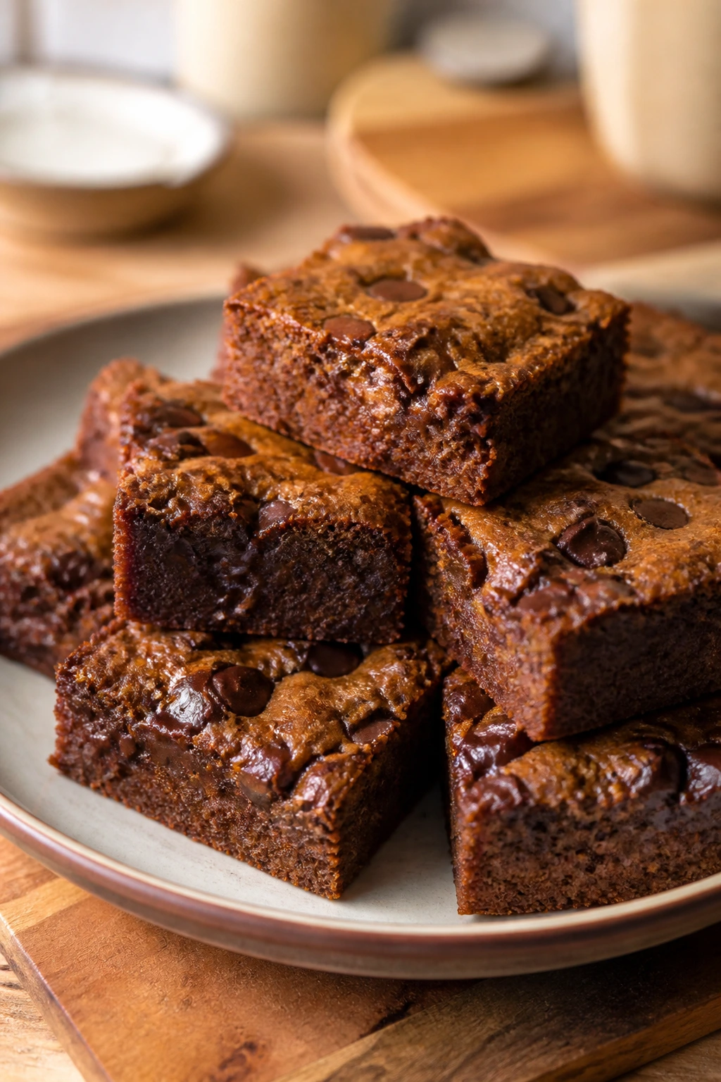 Close-up of banana bread brownies with chocolate chips on a plate in a cozy kitchen.