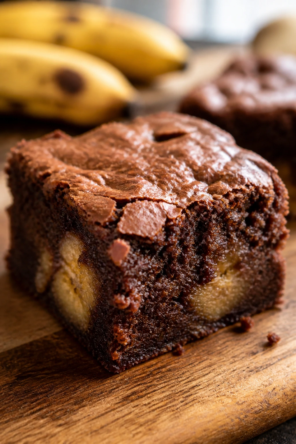 Close-up of a moist banana brownie square on a wooden board with warm kitchen light