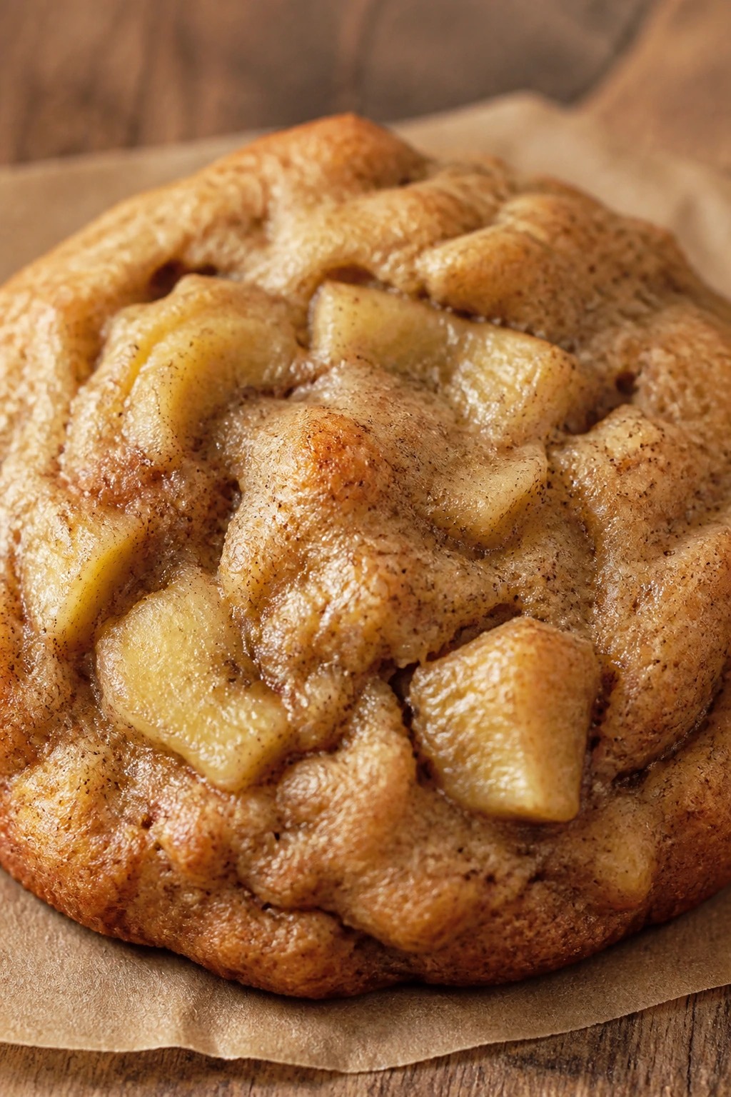 Close-up of a banana cinnamon cookie with banana bits and cinnamon specks on parchment