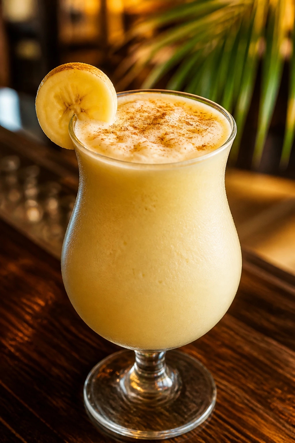 Close-up of Spiced Banana Colada with banana garnish on a tropical bar