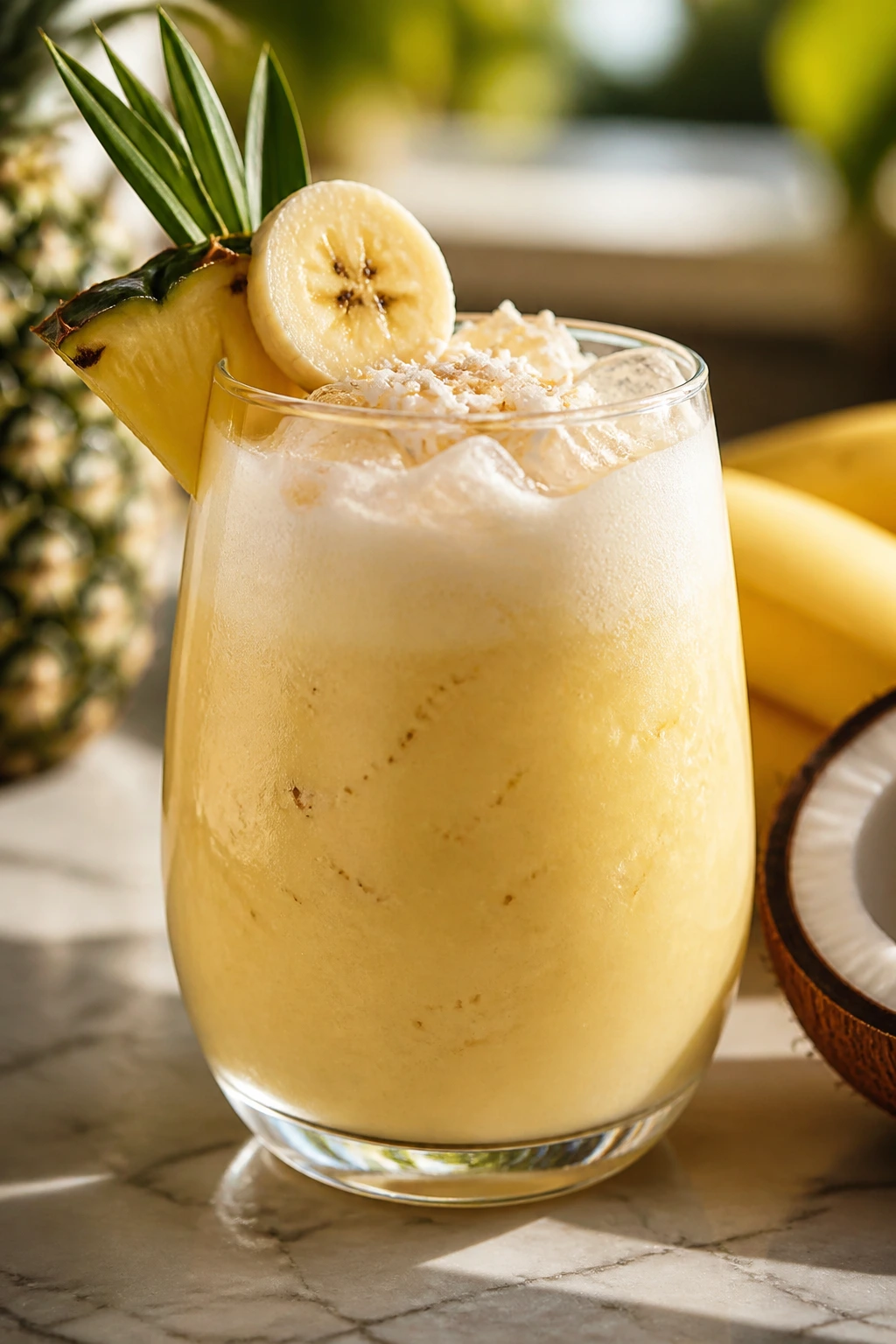 Close-up of Banana-Coconut Rum Punch in a creamy yellow glass on a sunny kitchen counter