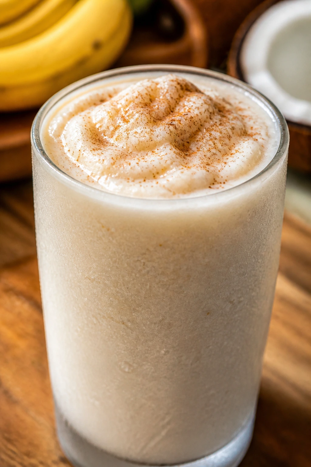 Close-up of banana coconut cream shake in a frosted glass with cinnamon dust, tropical kitchen backdrop