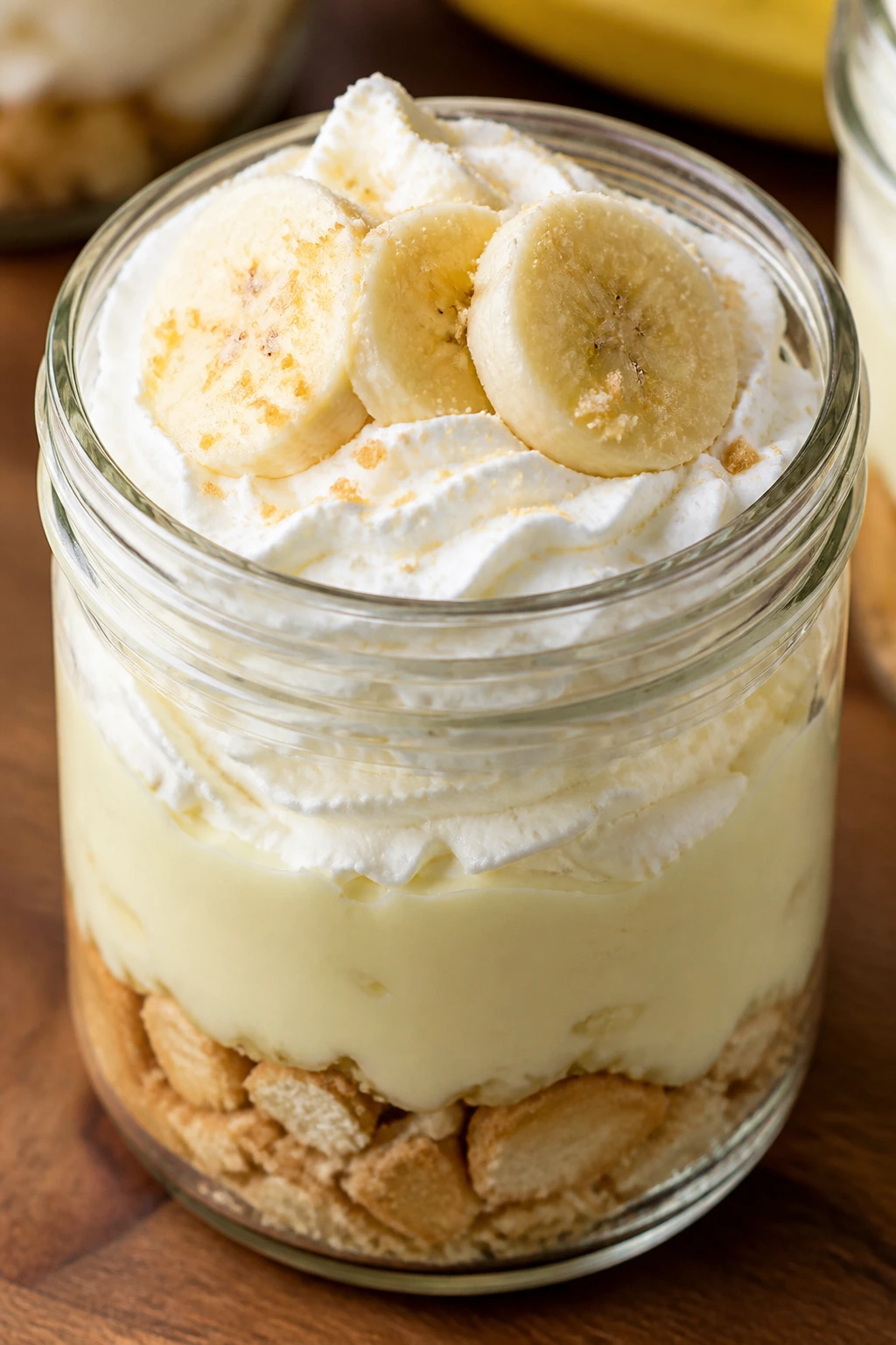 Close-up of a layered no-bake banana cream pie jar with wafer crust and banana cream