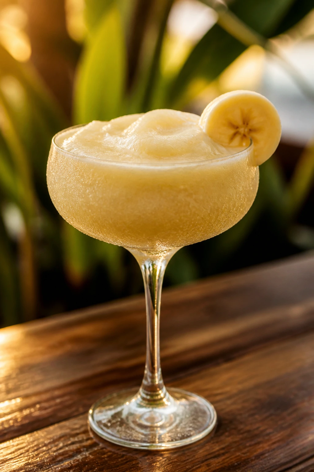 Close-up of frozen banana daiquiri in coupe glass with banana garnish