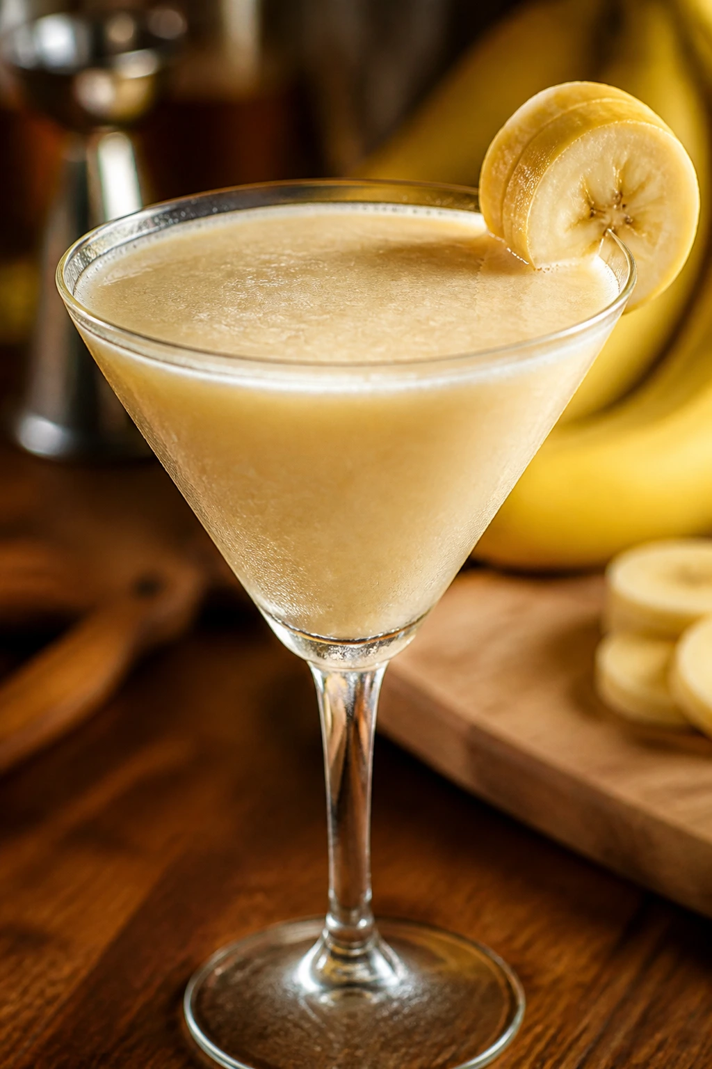 Close-up of Banana Daiquiri with banana slice garnish on a wooden bar
