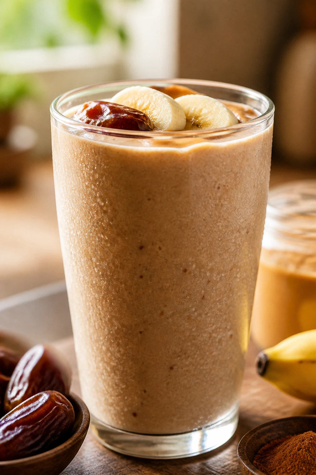 Close-up of a creamy banana date peanut butter smoothie in a glass