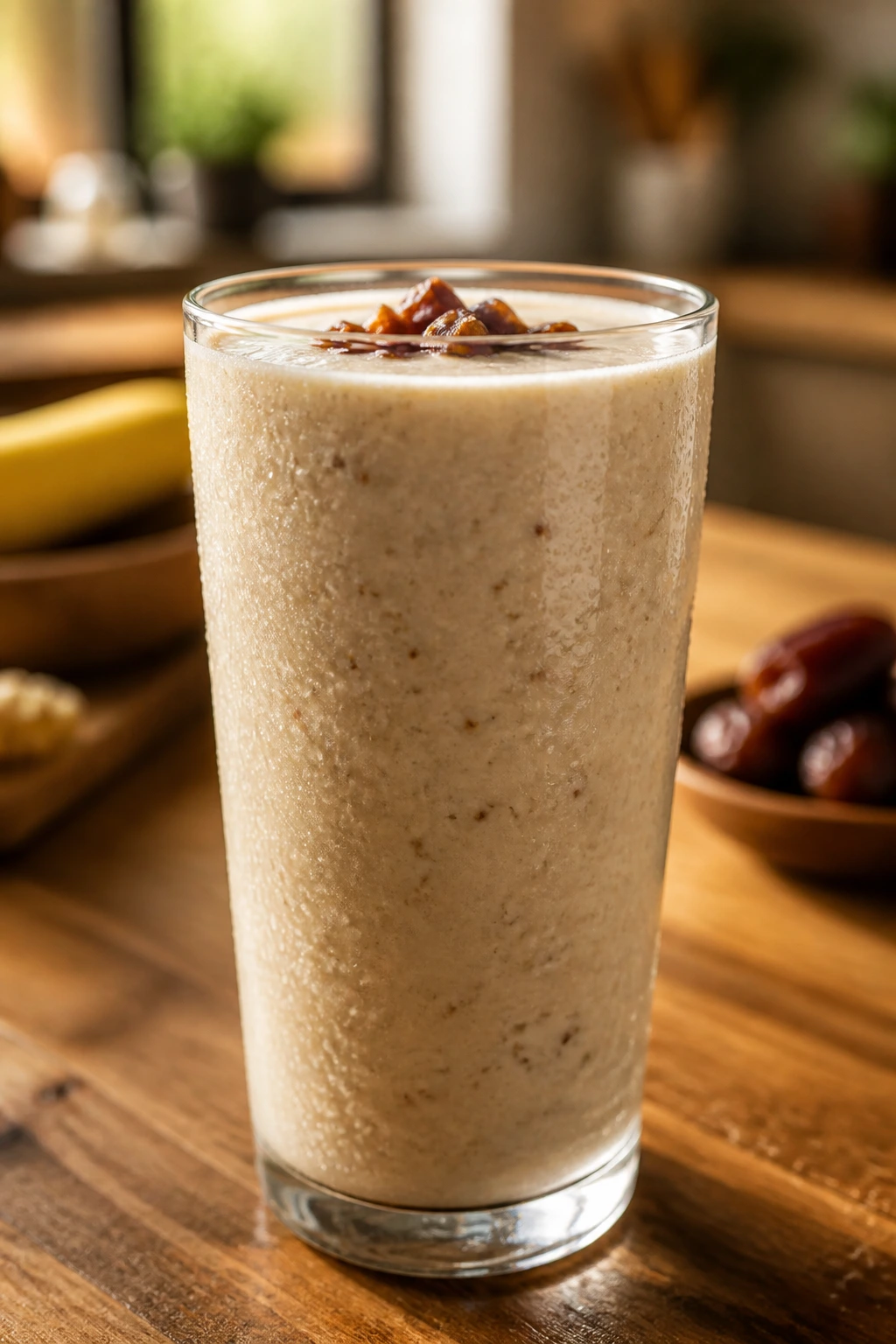 Close-up of a tall glass of Banana Date Shake on a wooden kitchen counter with warm window light