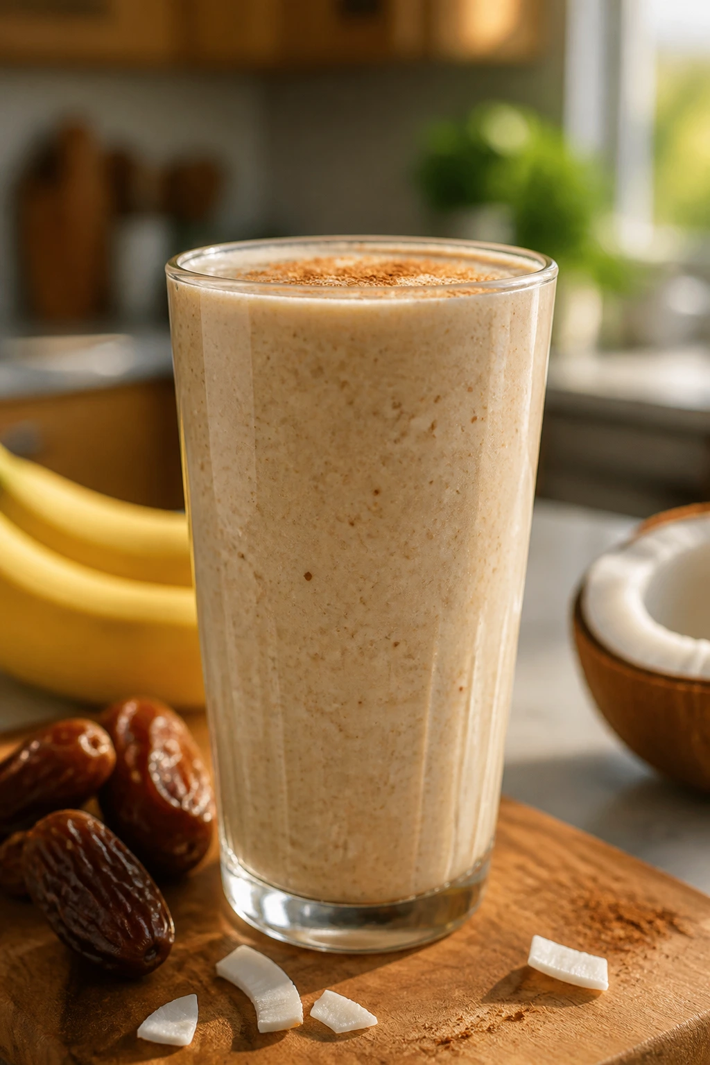 Close-up of Banana Date Coconut Smoothie in a tall glass