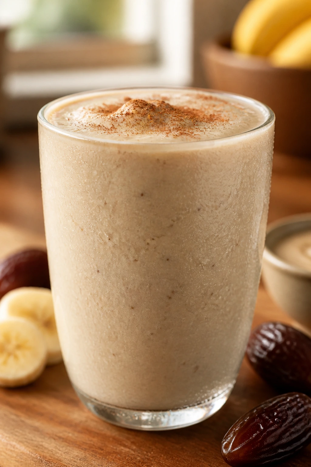 Close-up of Banana Date Tahini Smoothie in a glass with cinnamon dusting on warm kitchen counter