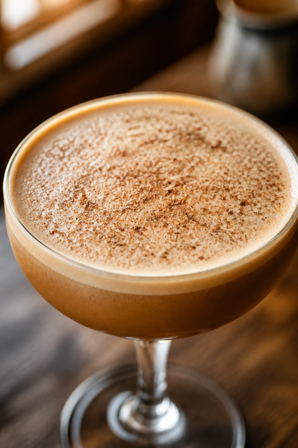 Creamy banana espresso rum flip cocktail in a coupe glass with froth and nutmeg, brunch setting