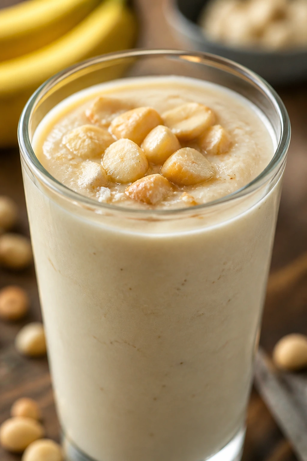 Close-up of Banana Macadamia Smoothie in a glass on a rustic counter