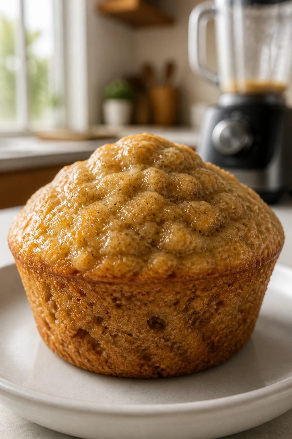 Close-up of banana oat blender muffin on a plate