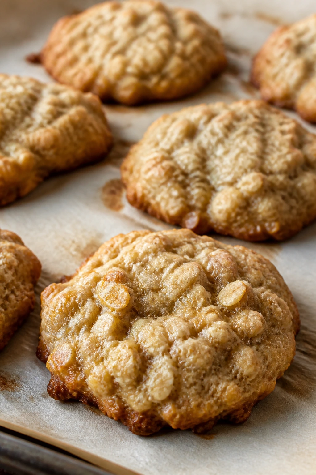 Banana oat drop cookies on parchment with golden edges