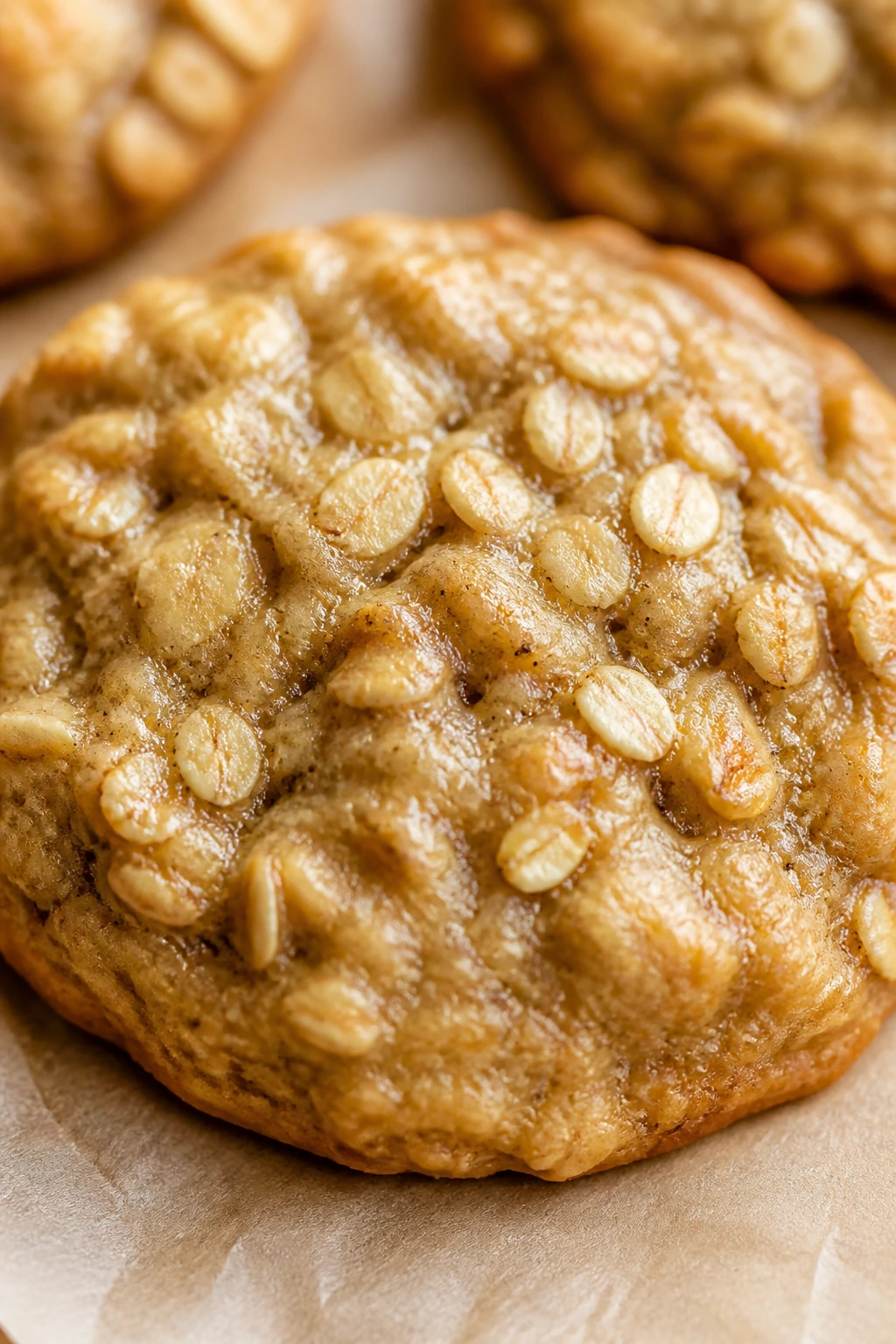 Close-up of banana oat cookie on parchment in cozy kitchen