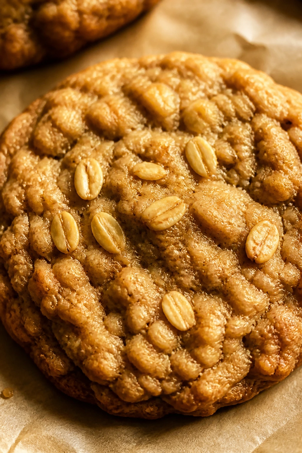 Close-up of a soft banana oat cookie on parchment in warm kitchen light