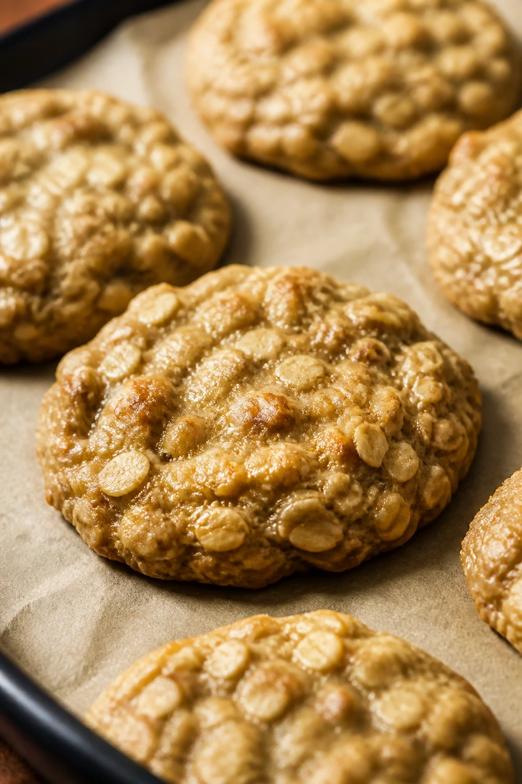 Close-up of banana oat cookies on parchment in a cozy kitchen