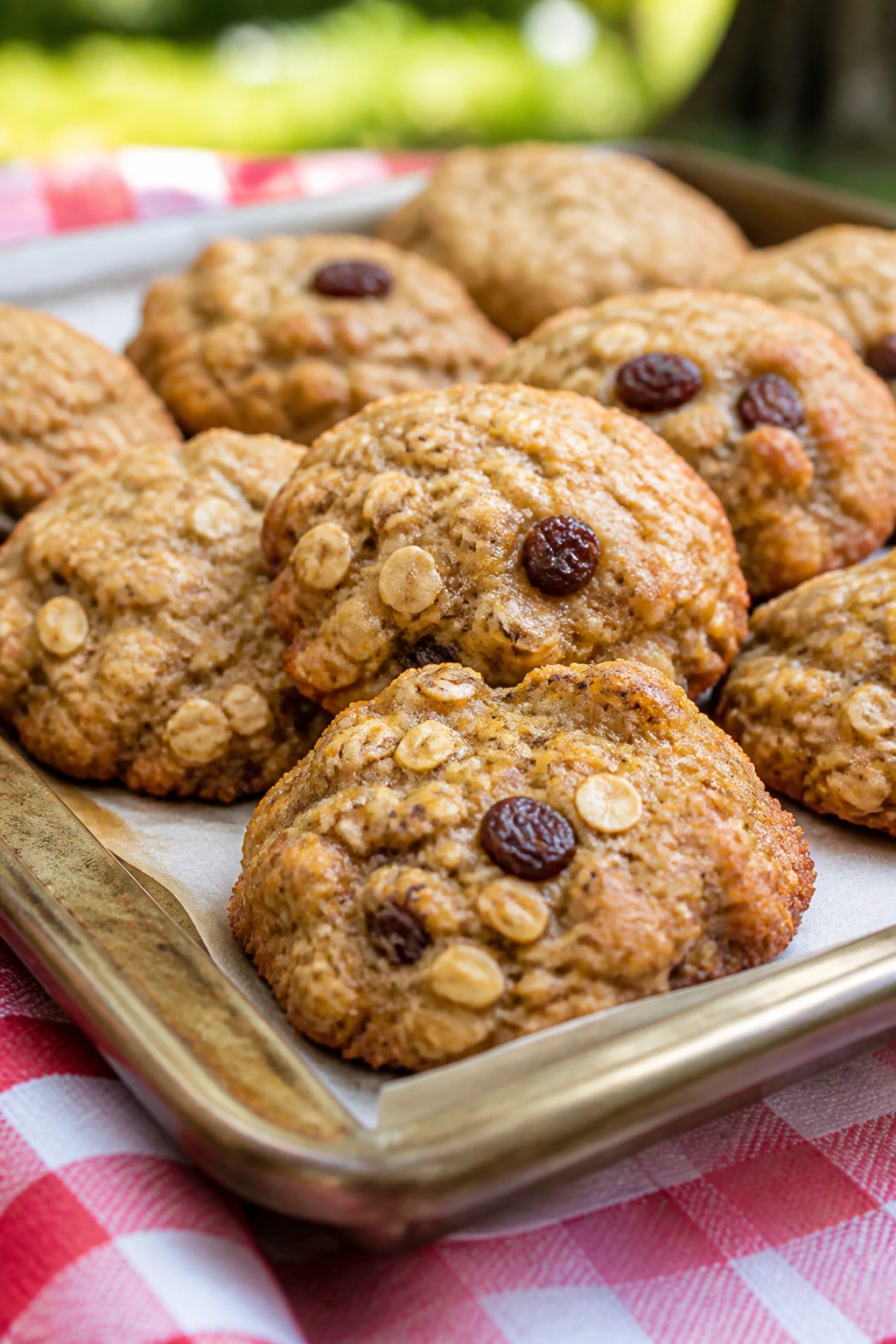 Close-up of chewy banana oat breakfast cookies on parchment on a picnic blanket outdoors