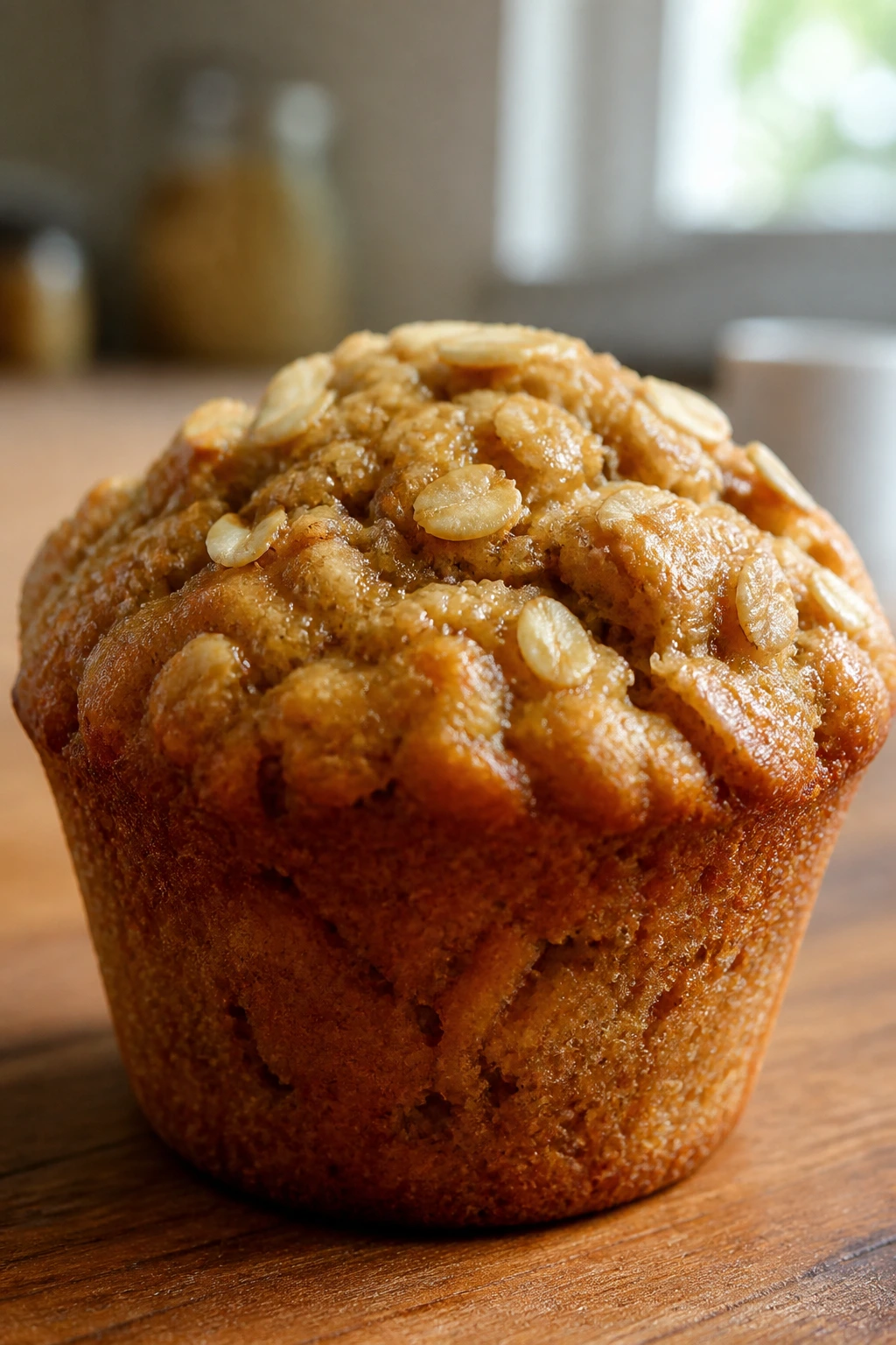 Close-up of a moist banana oat muffin on a wooden counter in a warm kitchen.