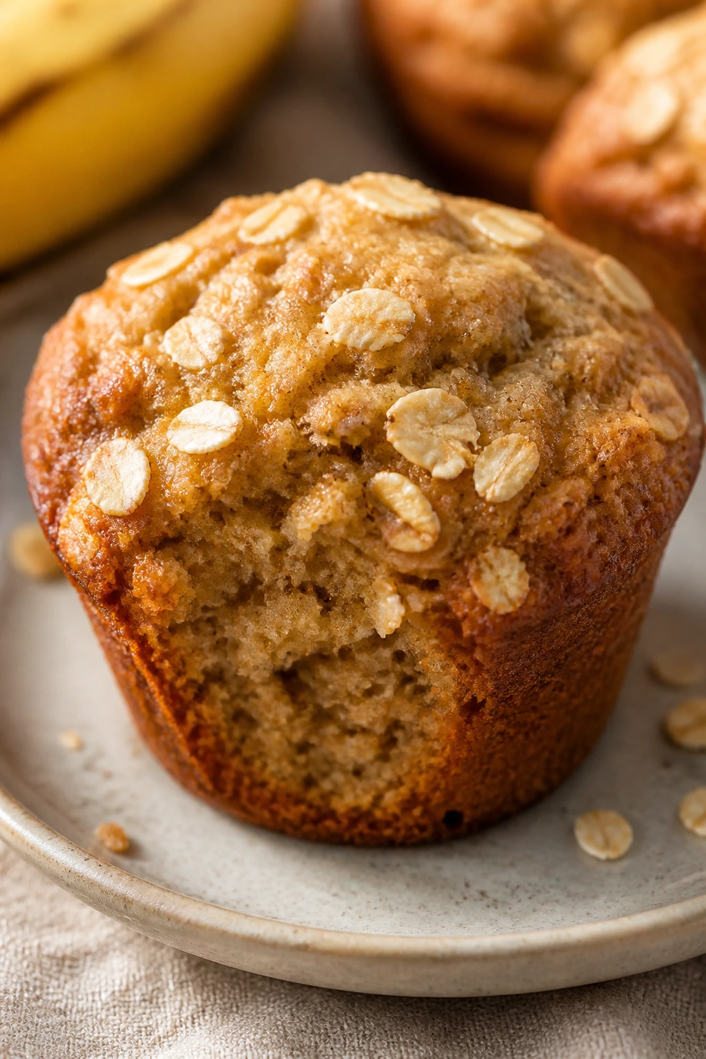Close-up of a banana oat muffin on a plate