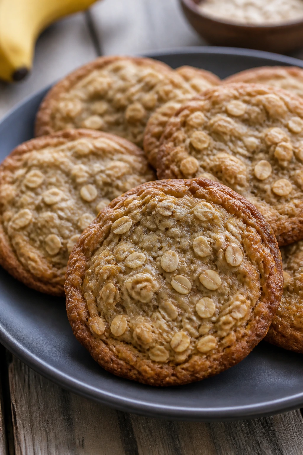 Banana oat muffin tops on a plate in a rustic kitchen