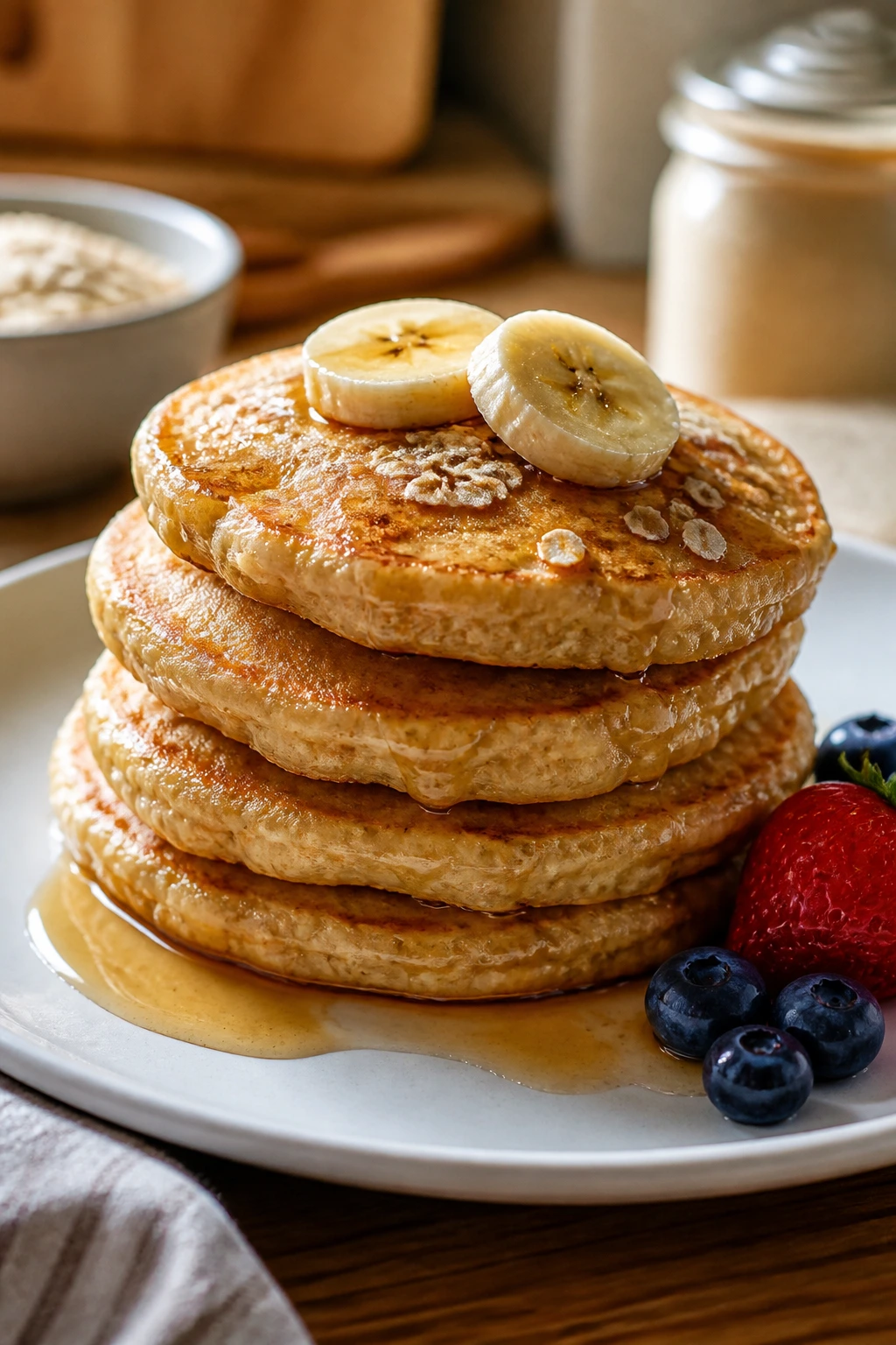Close-up of banana oat pancakes stack on plate with berries in a warm kitchen