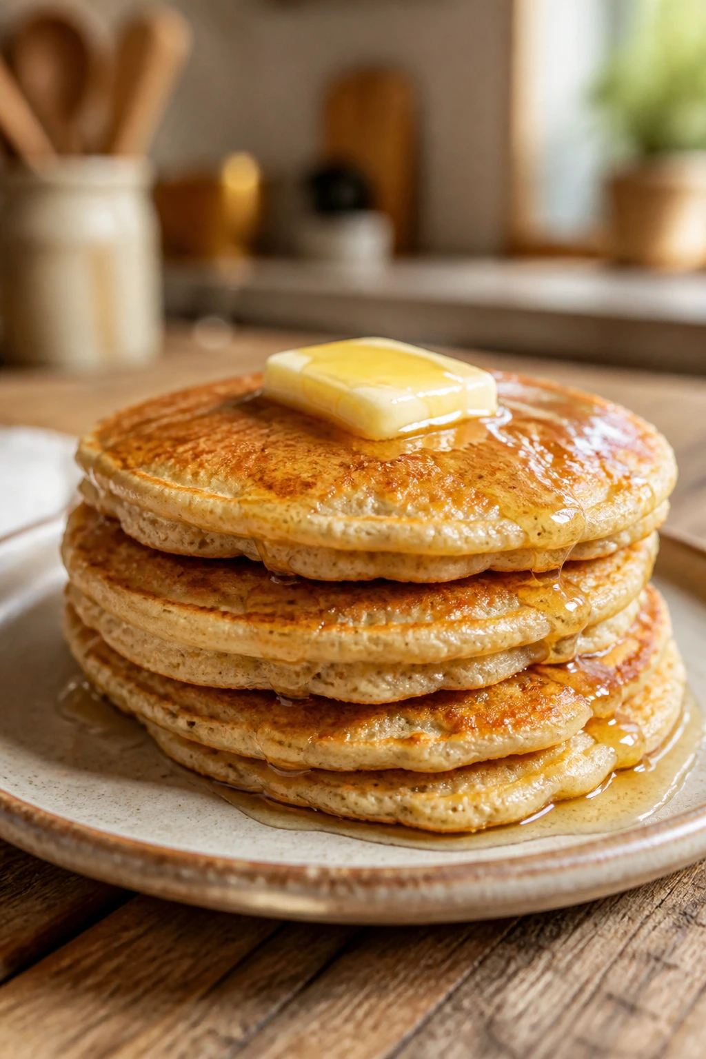 Close-up of a stack of banana oat pancakes on a plate in a cozy kitchen