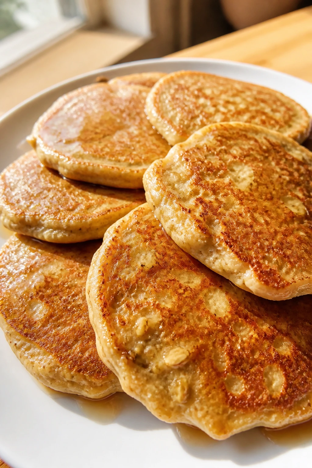 Stack of banana oat pancakes on a white plate in a sunlit kitchen