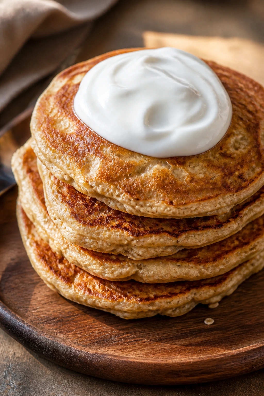 Stack of banana oat pancakes with Greek yogurt on top in a sunny kitchen