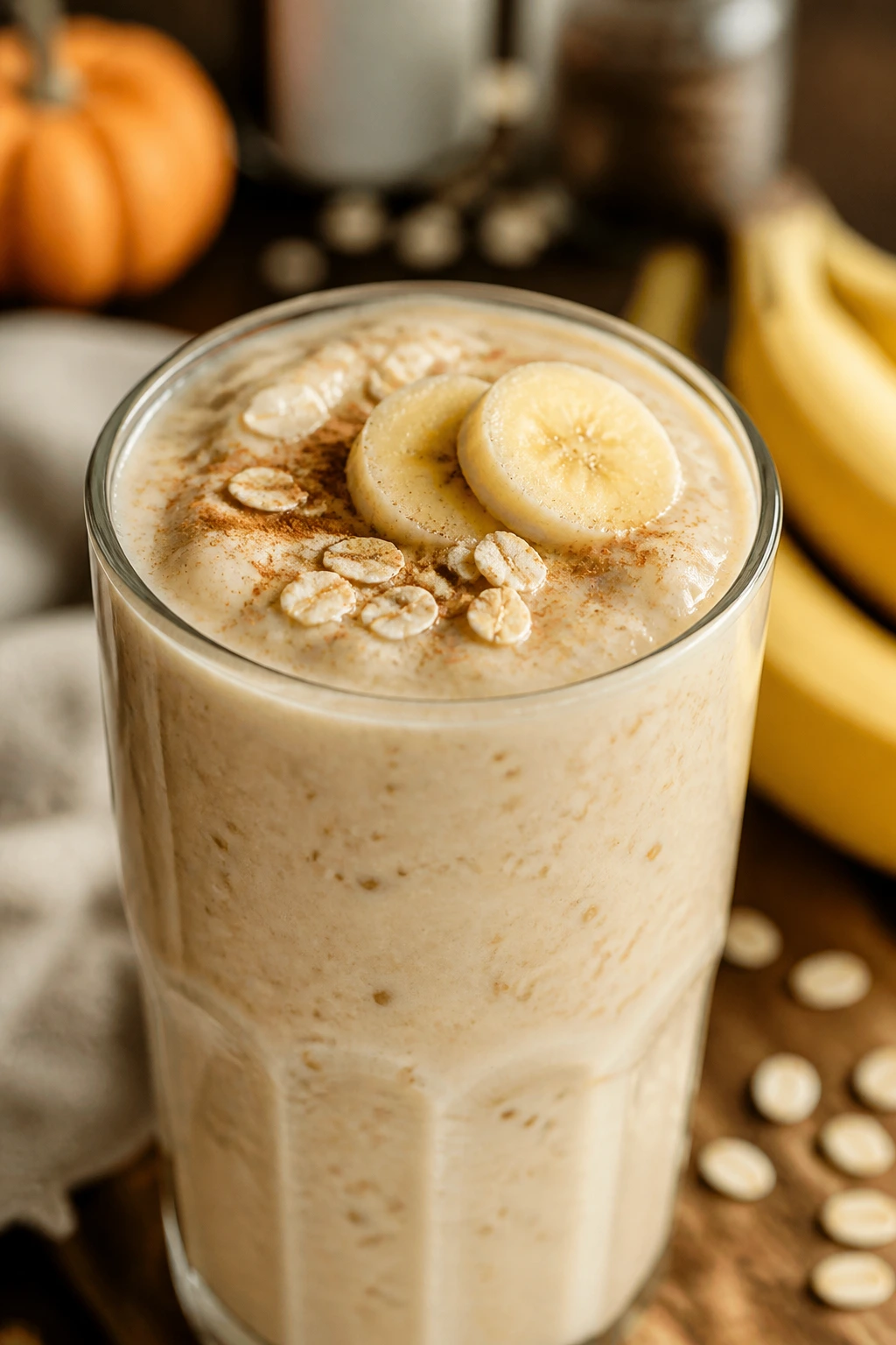 Banana oat smoothie in glass on kitchen surface