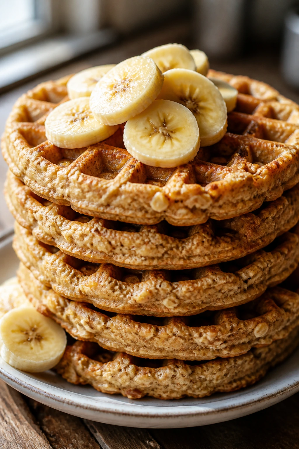 Stack of blender banana oat waffles with banana slices on top on a plate