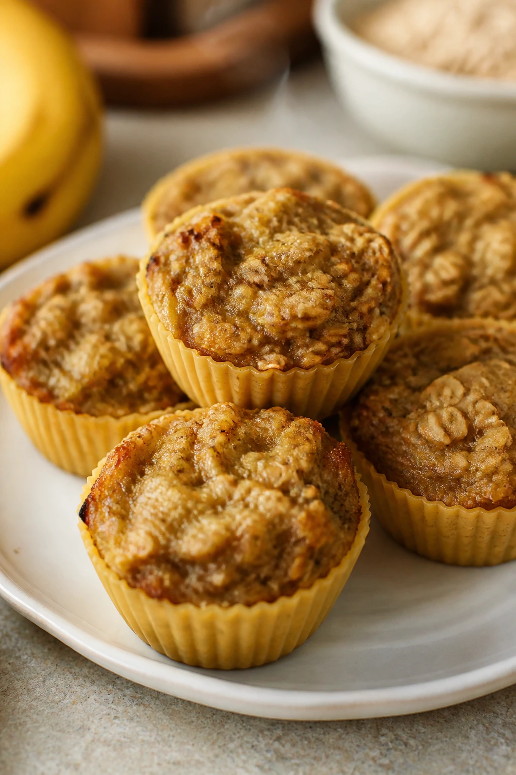 Banana oat breakfast bites in silicone cups on a plate in a warm kitchen