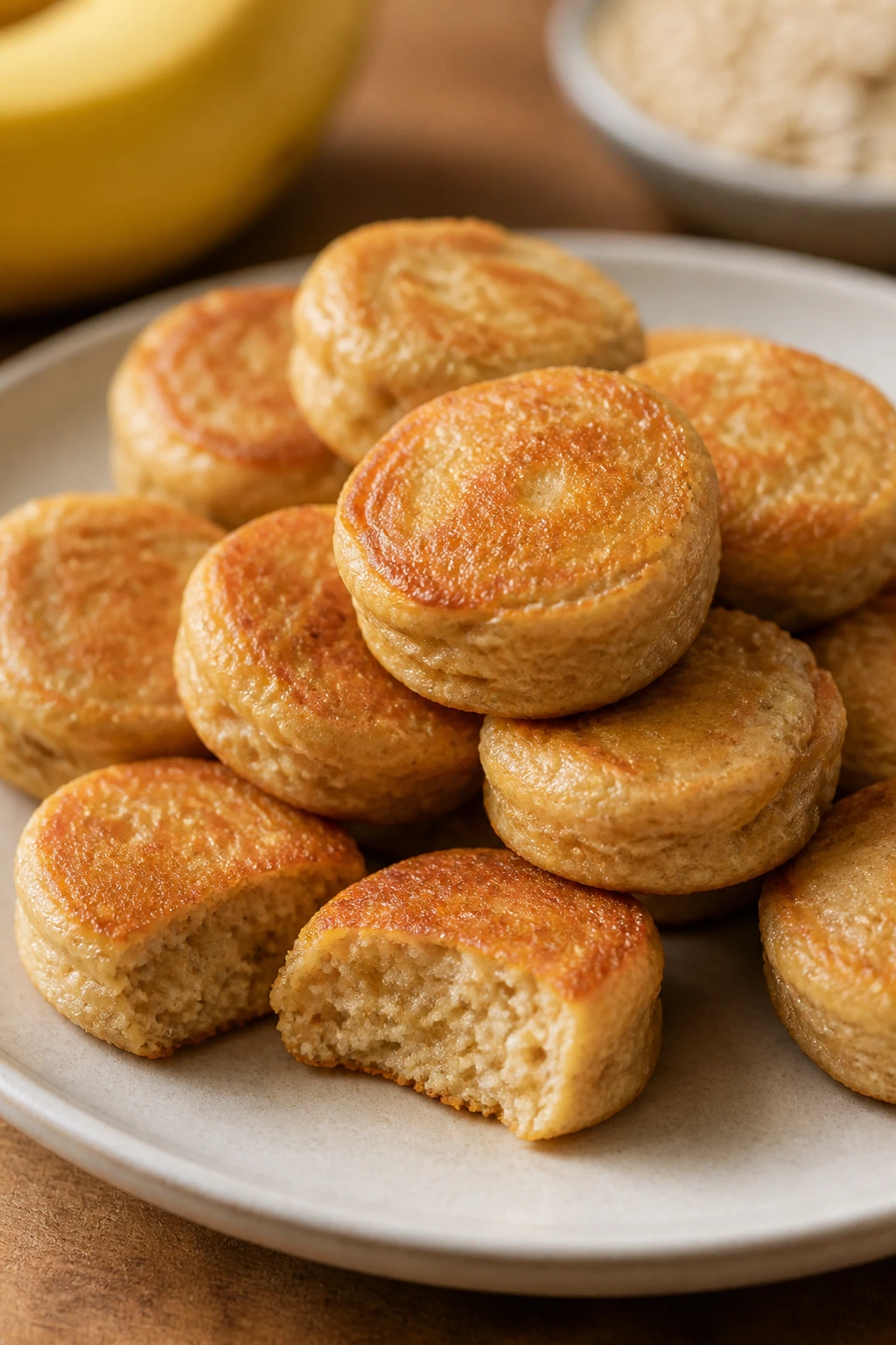 Close-up of golden banana oat pancake bites on a plate in a kitchen