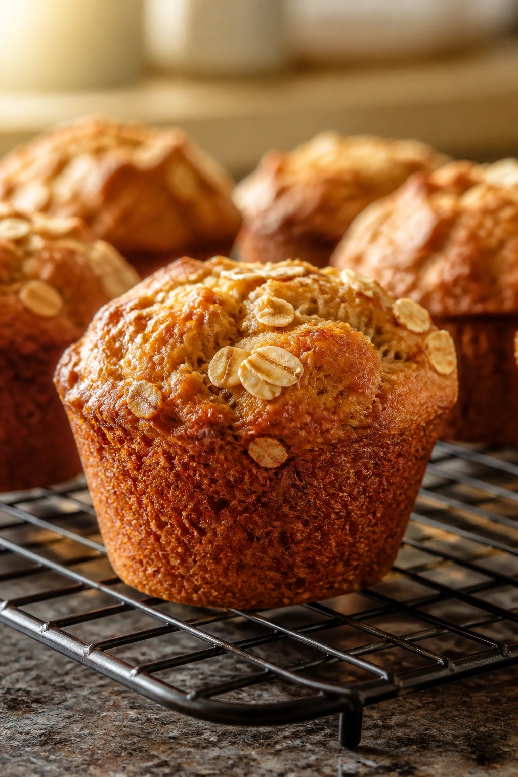 Banana oat muffin on a cooling rack with a golden crust.