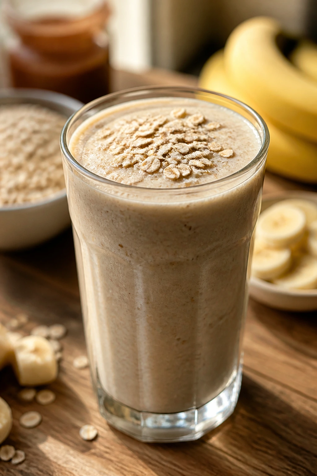 Banana oat smoothie close-up in glass