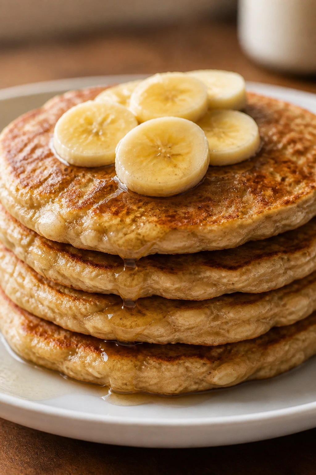 Close-up of a stack of banana oat pancakes on a plate