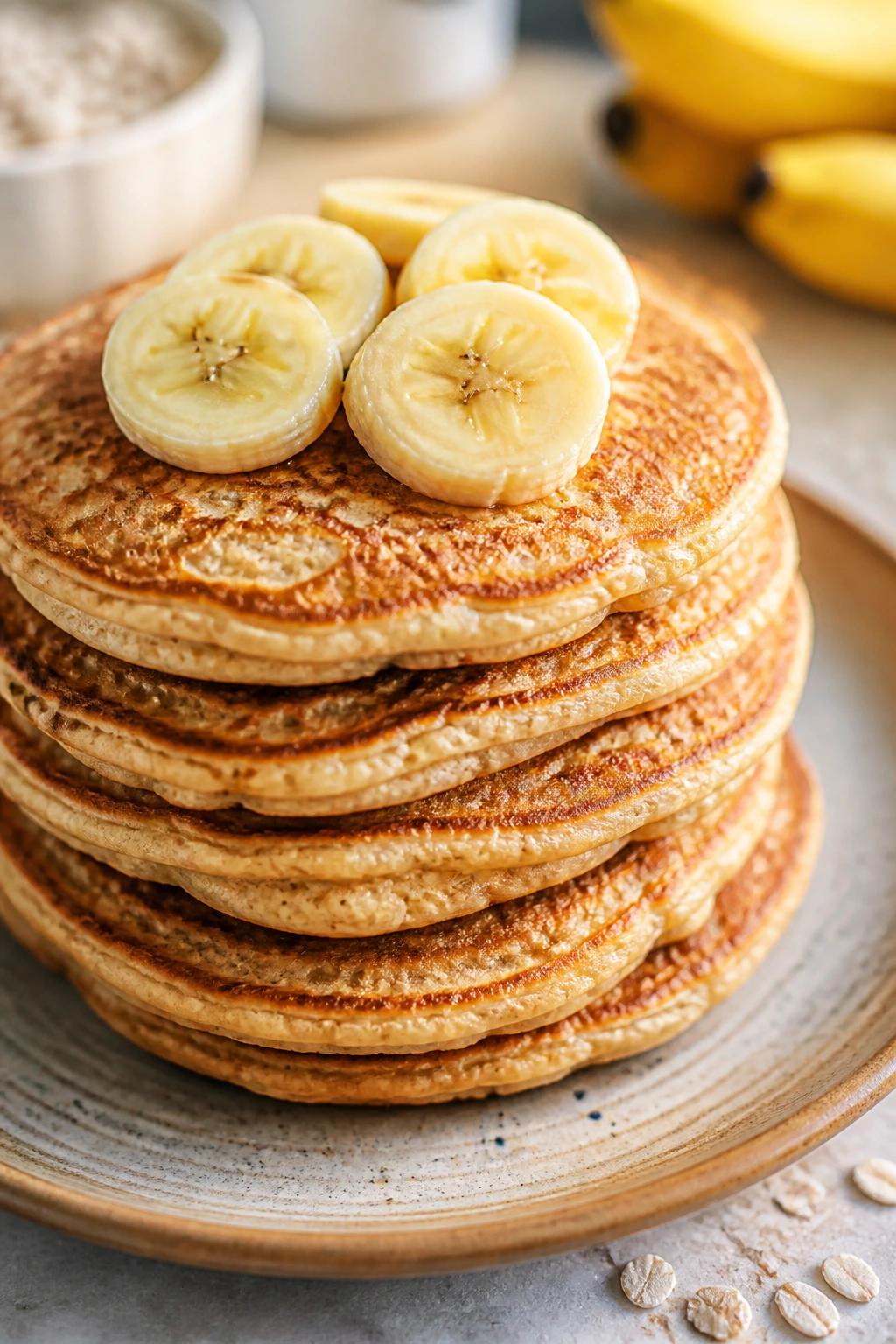 Close-up of a stack of banana oat pancakes with banana slices on a bright kitchen counter