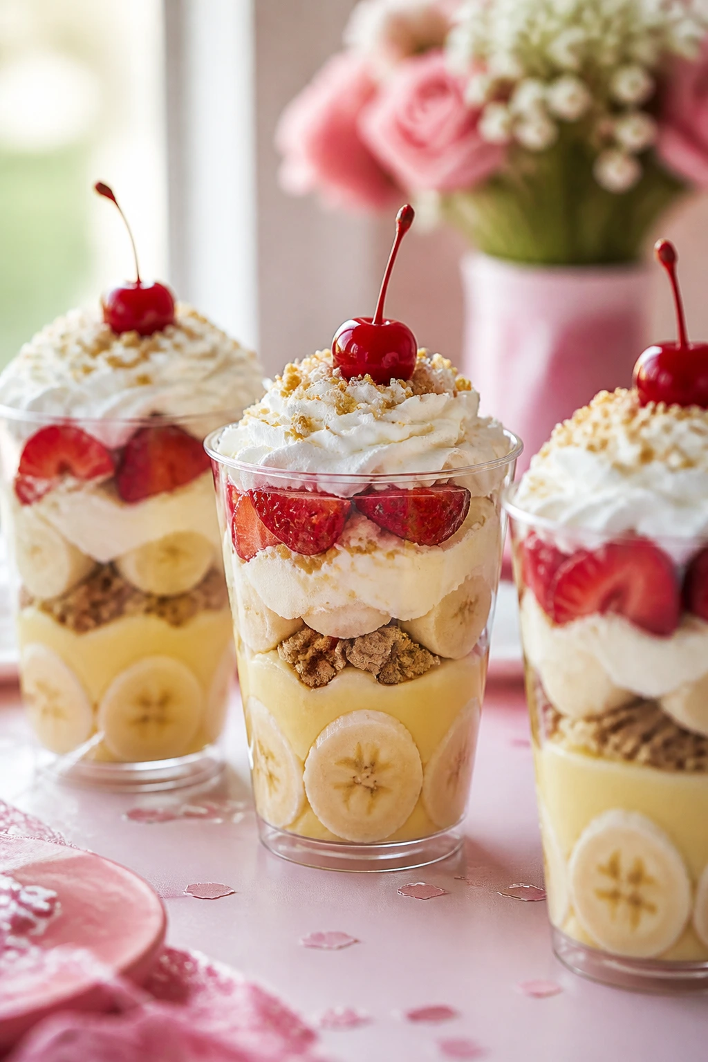 Close-up of banana split parfait cups showing layered fruit and cream in clear cups