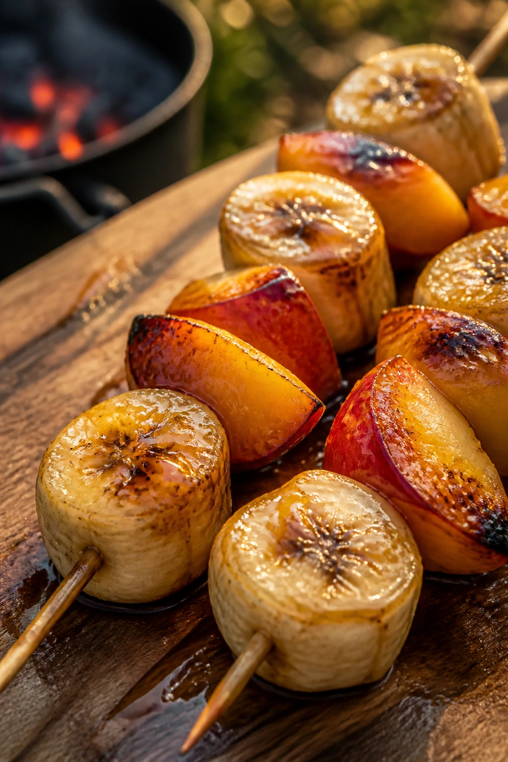 Close-up of banana and peach skewers with maple-bourbon glaze on a wooden board outdoors