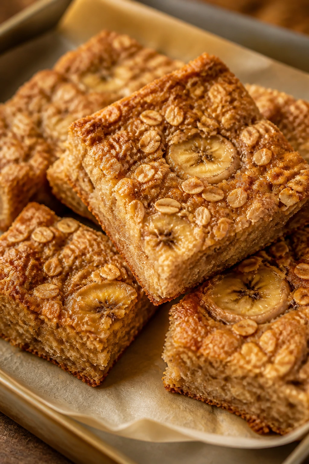 Golden banana-peanut butter baked oatmeal squares on parchment.
