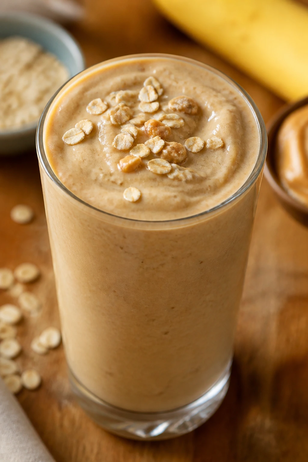 Close-up of banana peanut butter oat smoothie in glass on wooden counter