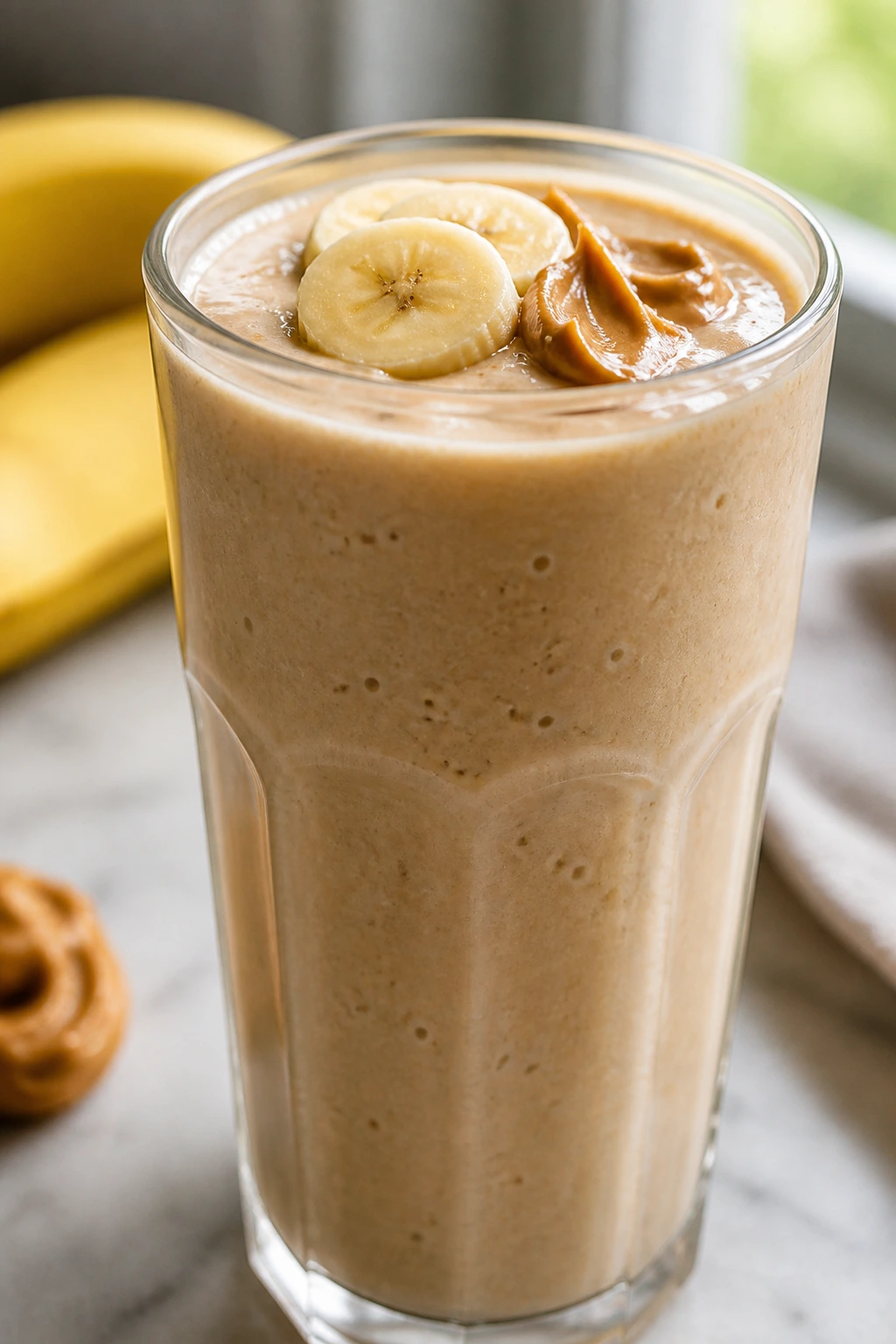 Close-up of Banana Peanut Butter Recovery Smoothie in glass on a kitchen counter