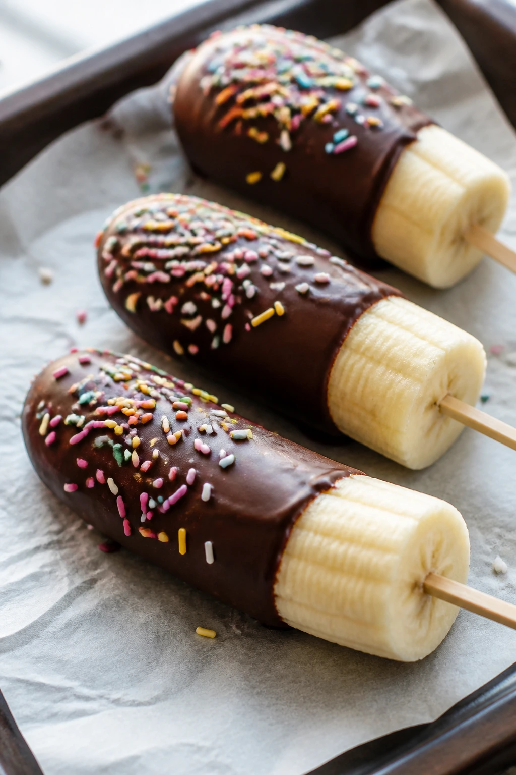 Banana pops on sticks with chocolate coating and sprinkles