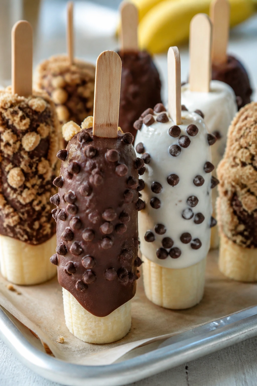 Close-up of frozen banana pops with toppings on parchment