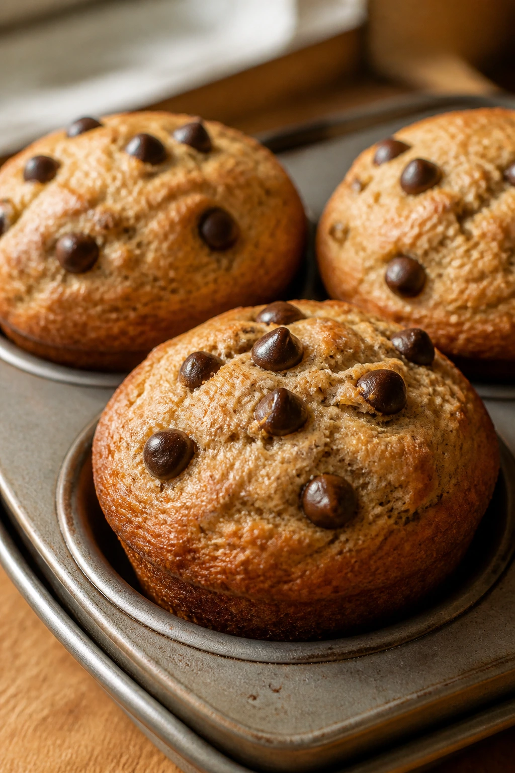 Banana protein muffins in a muffin tin with chocolate chips