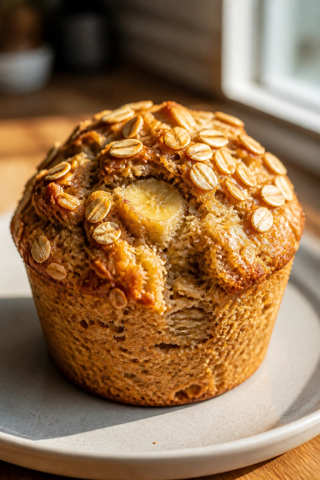 Banana protein muffin close-up with oats and banana pieces