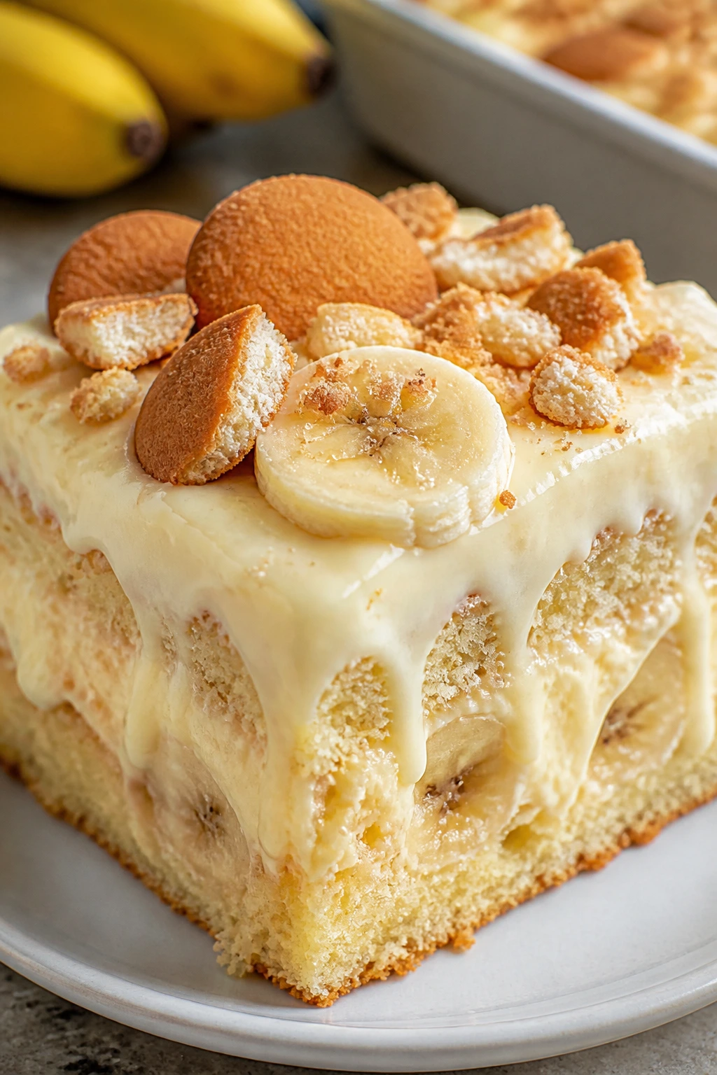 Close-up of banana pudding sheet cake slice with vanilla pudding topping