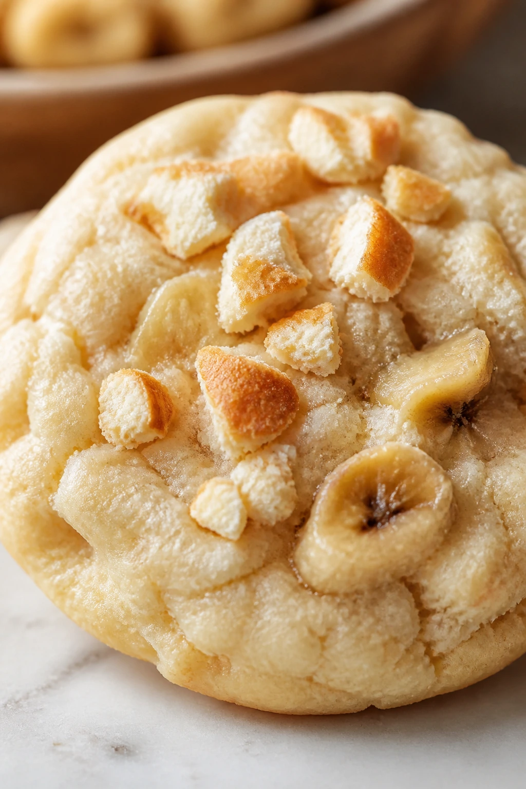 Close-up of Banana Pudding Cake Cookie with vanilla wafers and banana chips
